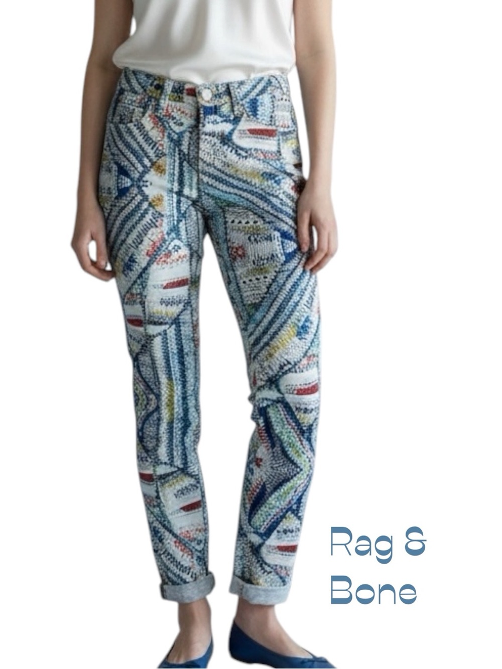 rag & bone Blue Multicolor Geometric Print Slim Ankle Jeans NWOT Size 27